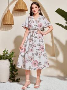 SHEIN Leap Crew 少女花卉印花长款夏季系带 A 字裙，优雅适合夏季、度假、海滩和通勤 - 白色 - 查看 3