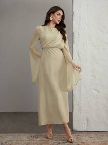 Graceveil Women's Solid Color Crew Neck Long Sleeve Mesh Patchwork Elegant Dress - Apricot - View 7