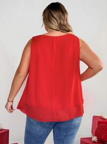 SHEIN CURVE+ CURVE PLUS /Valentine's Day/Plus Size Women's Solid Color Hem Asymmetric Multi-Layer Design Sleeveless Top Boho Vacation - Red - View 2