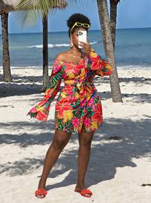 Slaydiva Conjunto de 2 piezas con estampado y tirantes cruzados en la espalda, adecuado para vacaciones de primavera y verano en tallas grandes