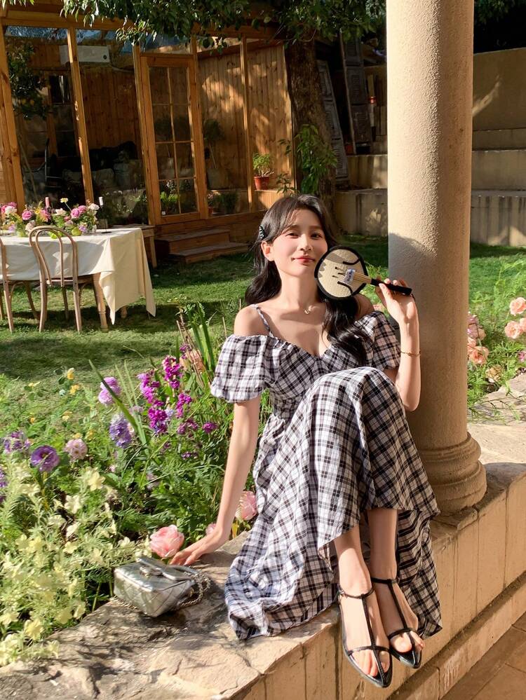 Women Plaid Camisole Midi Dress With Puff Sleeves, Casual Style,Fall Clothes Off Shoulder Boho