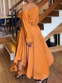Women's Plus Size Solid Color Oblique Shoulder Long Sleeve Slit Casual Simple Dress - Orange - View 2