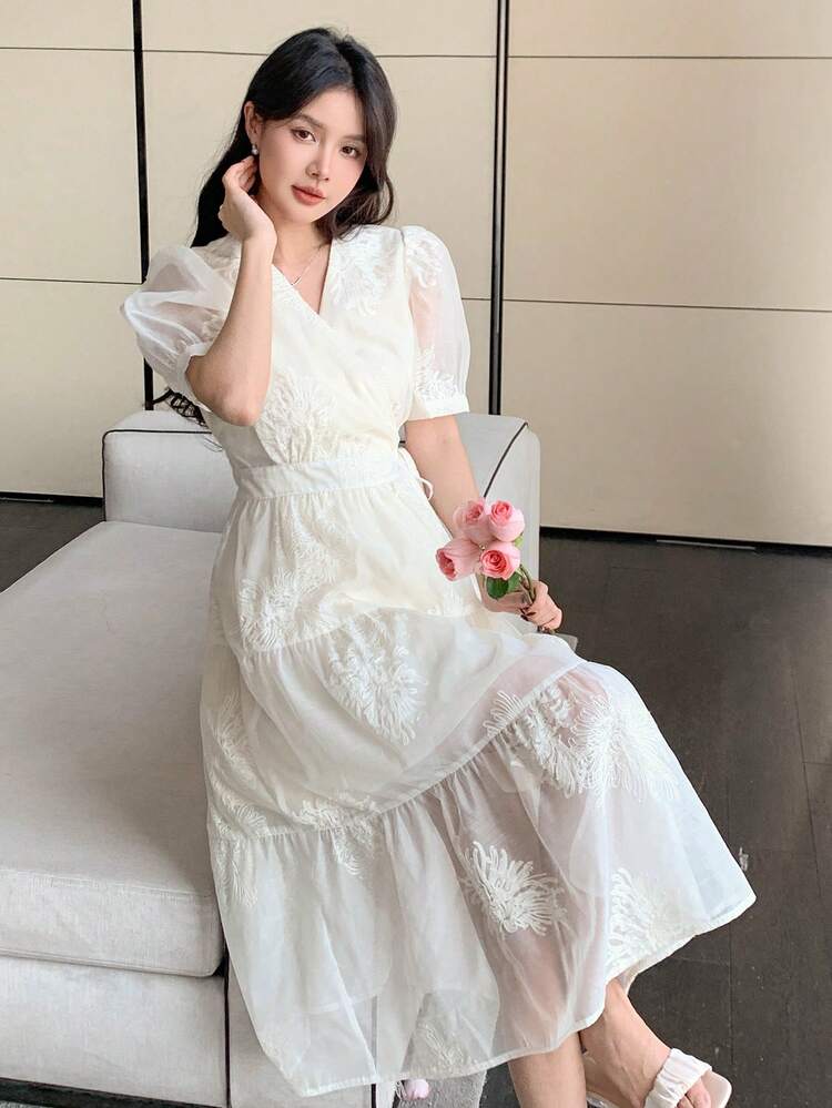 Women's Lace Oblique Collar Waist Cinched Long Dress,Ruffle