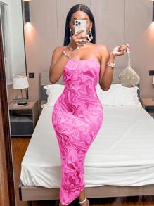 SHEIN Clasi Full Print Backless Summer Elegant Spaghetti Strap Sleeveless Dress (Random Prints) Burgundy Maxi Women Outfit - Pink - View 3