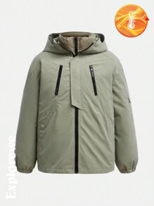 SHEIN Teen Boy Plain Long Sleeve Zip-Up Water-Resistant Hooded Padded Coat For Winter