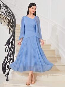 Modelyn Abito lungo elegante da donna, con maniche lunghe, collo asimmetrico e pieghe, in colore unito