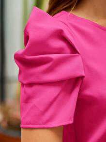 SHEIN Clasi Women's Solid Color Round Neck Short Puff Sleeve Casual Blouse - Hot Pink - View 4