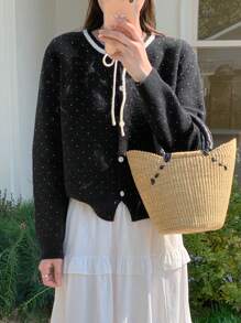 DAZY Women's Round Neck Long Sleeve Front Tie Button Simple Casual Polka Dot Sweater,Fall Women Clothes