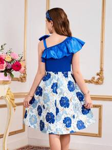 优雅女童两件套公主风童装女童奢华刺绣露肩蝴蝶结提花裙子套装