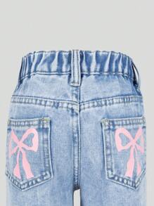 Young Girls' Light Blue Cute Pink Bow Print Elastic Waist Casual Wide Leg Washed Denim Pants Summer Holiday