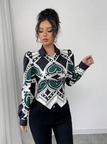 Chiquease 女士不对称下摆通勤收腰印花纽扣衬衫 - 彩色 - 查看 5