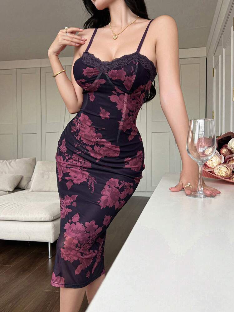 1pc Women's Floral Print Spaghetti Strap Lace-Up Slit Midi Dress Elegant Sundress Easter