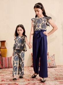 SHEIN Leap Crew Tween Girls' Print Ruffle Trim Cap Sleeve Jumpsuit, Bohemian Vacation Style, Suitable For Spring Travel & Holiday - Blue - View 6