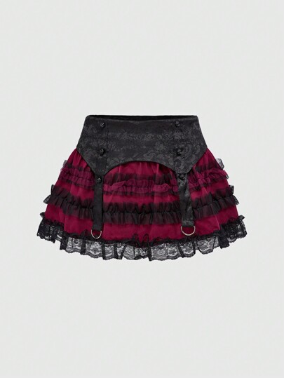 Valentine's Day Gothic Jacquard Lace & Mesh Panel Tiered Ruffle Hem Mini Skirt