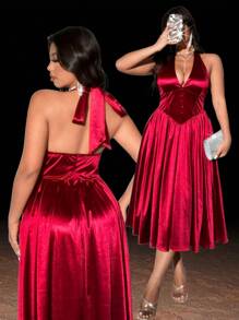 Viva Relle Plus Size Women Deep V-Neck Tie Front Sleeveless Solid Color Sexy Dress,Valentine - Burgundy - View 2