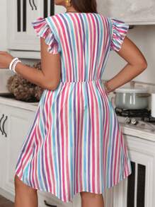 SHEIN VCAY Plus Size Colorful Striped V-Neck Button Decor A-Line Summer Dress For Women, Teacher Clothes - Multicolor - View 2