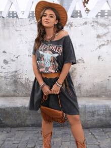 SHEIN LUNE Plus Size Gobi Cactus & Antelope Skull Print Asymmetric Shoulder Convertible T-Shirt Dress Spring Break Boho Cotton