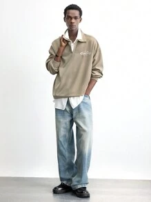 Maija 男士字母刺绣落肩长袖休闲 Polo 衫 - 卡其色 - 查看 4