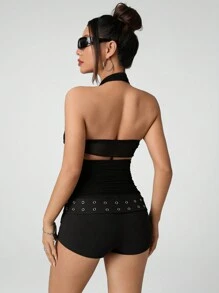 SHEIN ICON 女士纯色 3D 花卉装饰镂空性感挂脖背心 - 黑色 - 查看 2