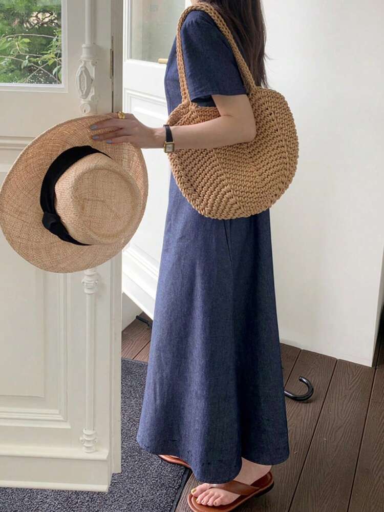 Women's Collared Half-Open Waist Cinch Long Dress, Navy Blue, Spring/Summer SpringStyle Shirt Dress,Casual Women Dresses Maxi Dress
