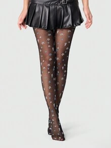 ROMWE Fairycore 1 Pair Black Jacquard Tights, Sexy Pantyhose With Pentagram Pattern, Elastic Slimming Leg, Sheer Star Undershort Socks