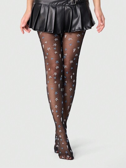Fairycore 1 par de medias jacquard negras, pantimedias sexy con diseño de estrella de cinco puntas, medias ajustadoras elásticas, calcetines transparentes con estampado de estrellas
