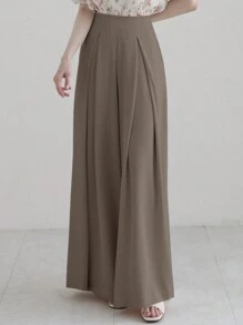 DAZY Women's Solid Color Wide Leg Loose Elegant Casual Pants, Khaki Color, All Season,Teacher Pants Fall - Khaki - View 4