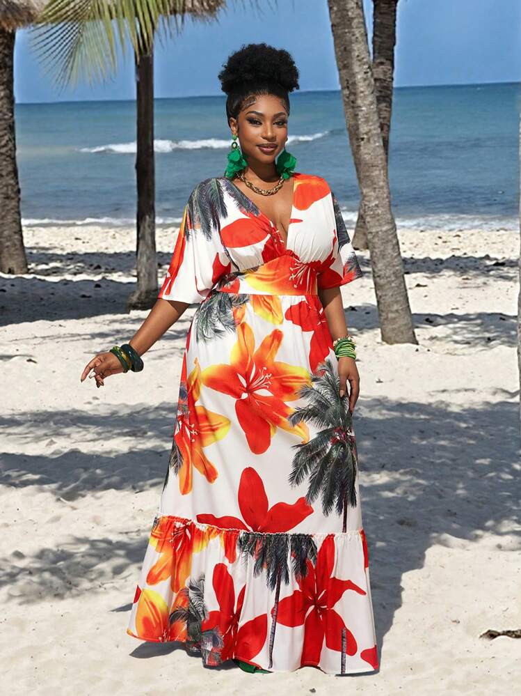 Slaydiva Vestido con estampado floral para mujer de talla grande con bajo asimétrico, escote bajo, mangas de hombro, cintura ceñida para fiesta, vacaciones, look elegante en verano - Multicolor - Añade 3