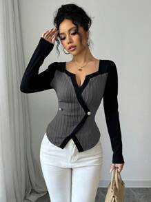 SHEIN Tall Women's Plain Color Splicing Front Button Long Sleeve Casual Blouse - Grey - View 7