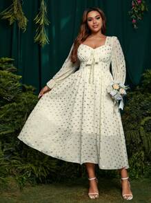 SHEIN Belle 极简性感法式优雅高领长袖金箔雪纺连衣裙女春夏浪漫度假 - 杏色 - 查看 7