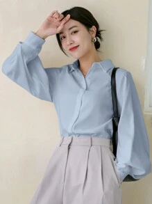 DAZY Women's Solid Color Front Button Long Sleeve Casual Business Blouse,Fall Clothes - Blue - View 5