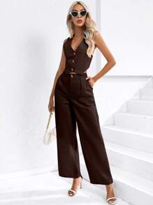 SHEIN Privé Conjunto informal de dos piezas para mujer con chaleco de un solo abotonamiento y pantalones de unicolor