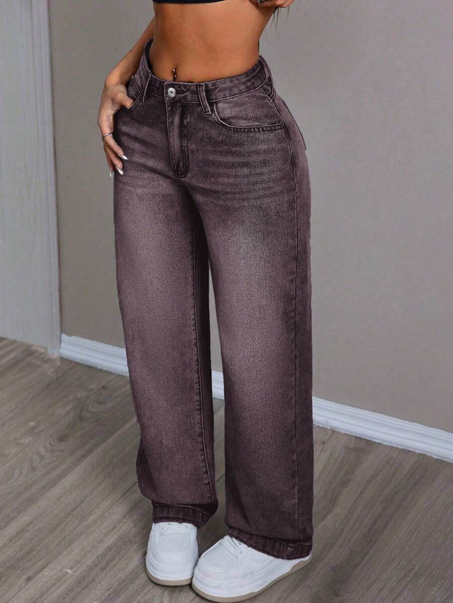 SHEIN PETITE Women's Straight Leg Pocket Loose Casual Denim Jeans, Versatile