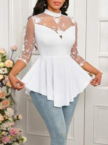 SHEIN Lady 白色提花网眼拼接荷叶边下摆设计修身优雅女式 T 恤 - 白色 - 查看 4