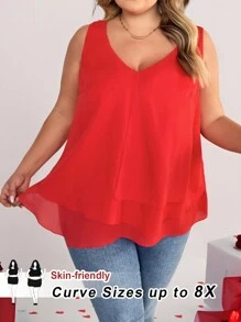 SHEIN CURVE+ CURVE PLUS /Valentine's Day/Plus Size Women's Solid Color Hem Asymmetric Multi-Layer Design Sleeveless Top Boho Vacation - Red - View 3