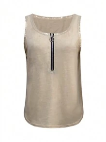 INAWLY Women's Summer Solid Color Zipper Half-Zip Casual Tank Top - Apricot - View 3