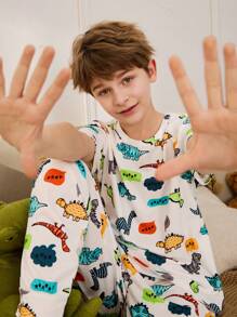 2PCS Cute Animal Print Tween Boys Pajama Set  Dinosar