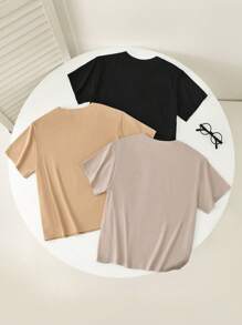 SHEIN 3pcs Kids Tween Boy Beige Summer Casual School Back-To-School Japanese Style V-Neck Pullover Short Sleeved Loose Knit T-Shirt Multi Piece Set - Multicolor - View 2