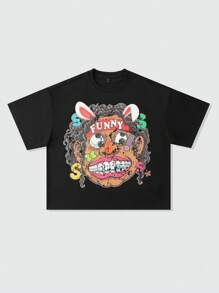 ROMWE MEN Street Life Men's Anime Loose Drop Shoulder Short Style Printed T-Shirt, Retro Street Style - Black - View 1