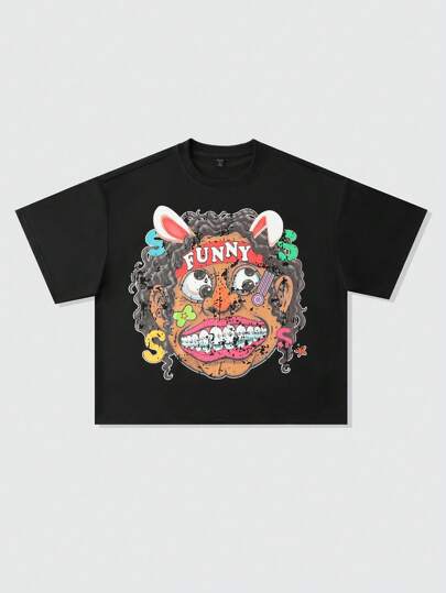 Anime T-shirt imprimé style de rue rétro, coupe ample avec épaules tombantes pour hommes