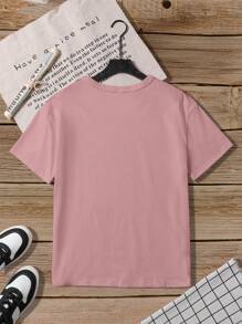 Teen Girls' Casual Simple Heart Print Short Sleeve Round Neck T-Shirt, Suitable For Summer