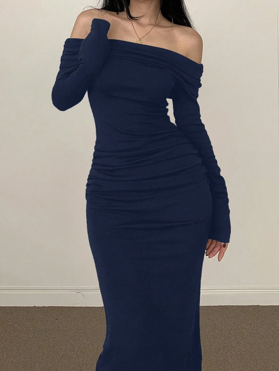 DAZY Đầm dài ôm sát vai cổ bẻ cho nữ, tôn dáng, thời trang xuân/hè thập niên 90 Y2k, đầm dài tay thời trang thu - Màu xanh ngọc - Xem 1