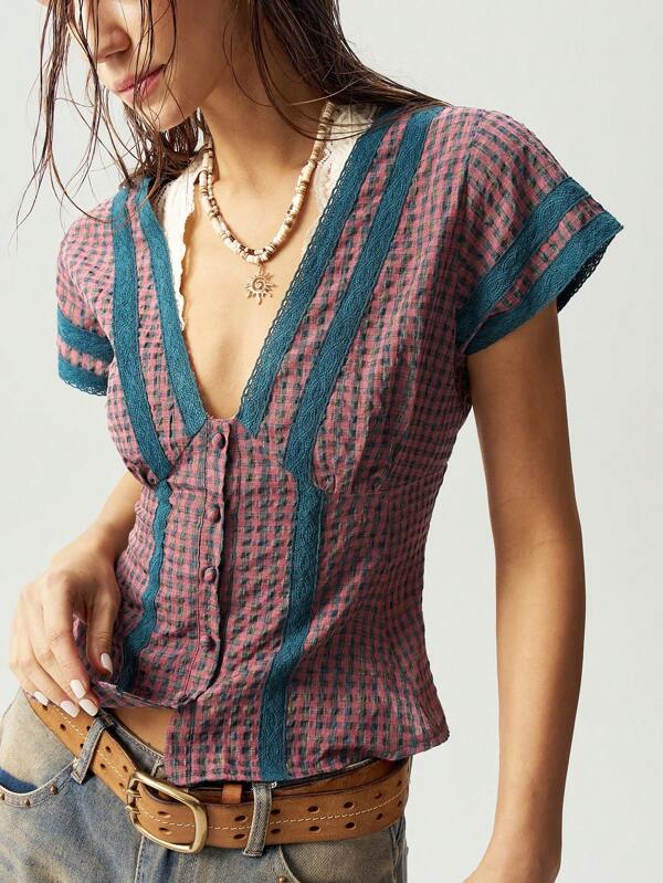 Bohemela Casual Woven Plaid V-Neck Short Sleeve Fitted Women Blouse