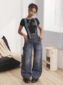 SHEIN ICON Women's Wide Strap Front Zipper Pocket Simple Casual Denim Bib Pants - Blue - View 5