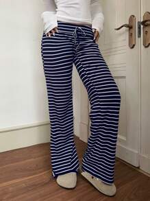 CovetEZ Low Waist Striped Velvet Drawstring Waist Yoga & Lounge Wide Leg Pants, Autumn/Winter Suitable For Going Out