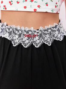 ROMWE Kawaii Lace Splice Embroidered Baby Design Pajama Bottoms - Black - View 6