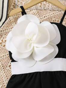 Elladie kids 年轻女孩纯色拼布 3D 花卉装饰休闲连体裤 - 黑色 - 查看 3