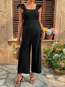 SHEIN Sleeveless Maternity Jumpsuit With Frill Trim - Black - View 6