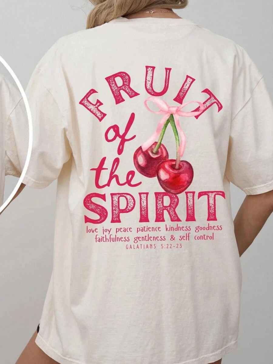 INAWLY Christian Fruit Of The Spirit Shirt, Vintage Strawberry Pattern T-Shirt, Faith Fashion Summer Shirt, Christian Scripture Aesthetic T-Shirt Gift, Oversized Graphic Round Neck Women T-Shirt - Apricot - View 1