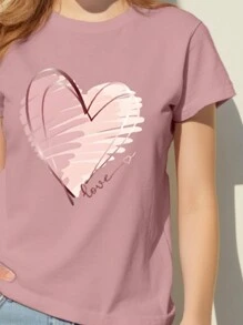 Teen Girls' Casual Simple Heart Print Short Sleeve Round Neck T-Shirt, Suitable For Summer